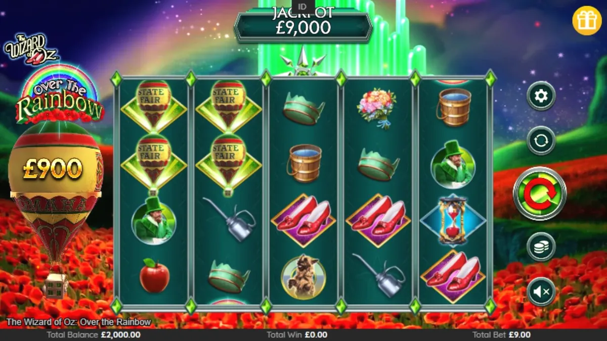 Tampilan visual slot The Wizard of Oz: Over the Rainbow dengan elemen magis dan karakter ikonik.