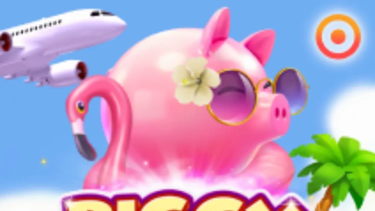 Tampilan visual game Piggy Tap dengan babi lucu di atas pelampung flamingo